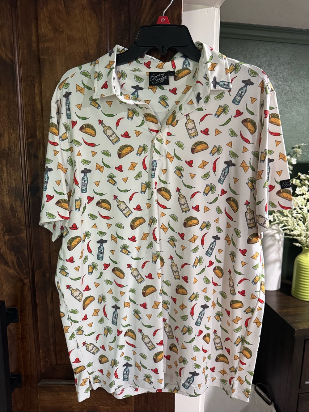Sunday Swagger White Taco & Bottle Novelty Print Polo